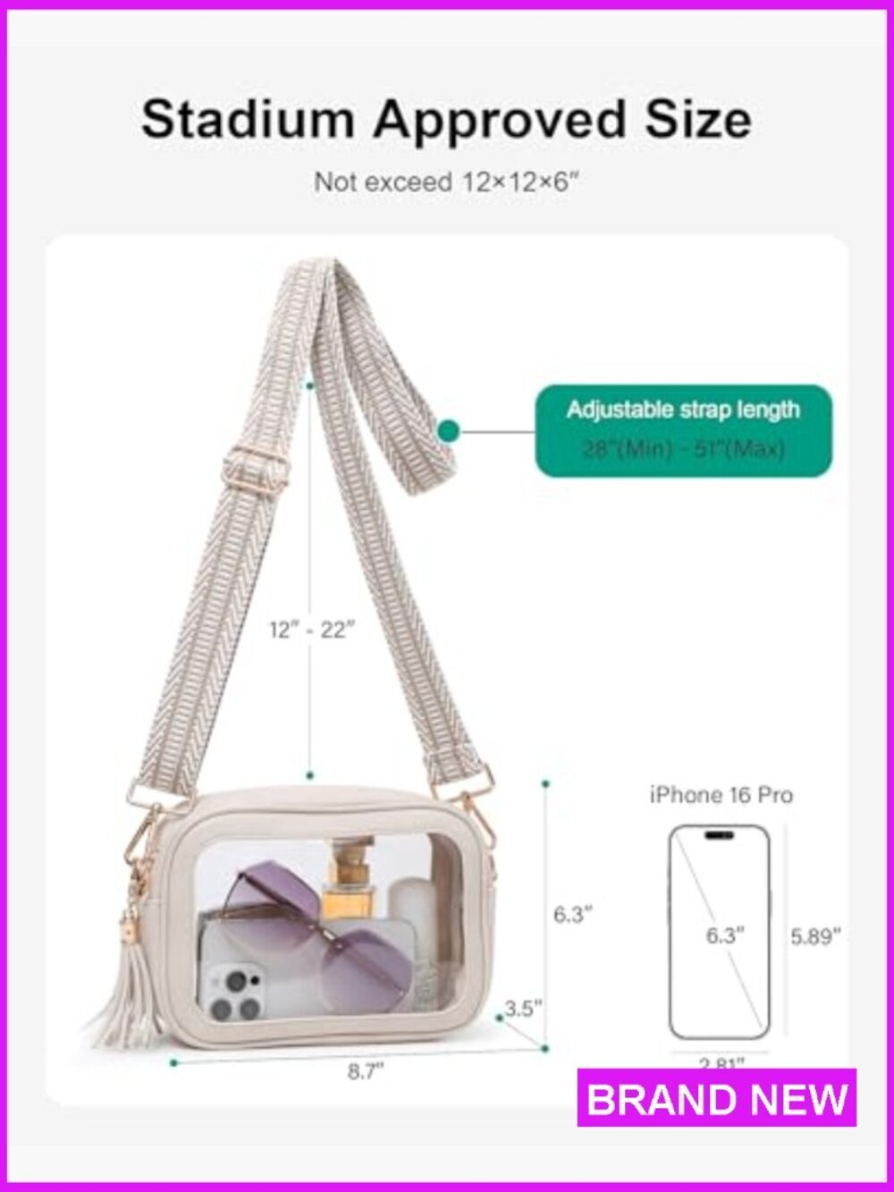 Clear Crossbody Bag Stadium Approved Concerts Games Adjustable Strap Tassel - Picture 3 of 7